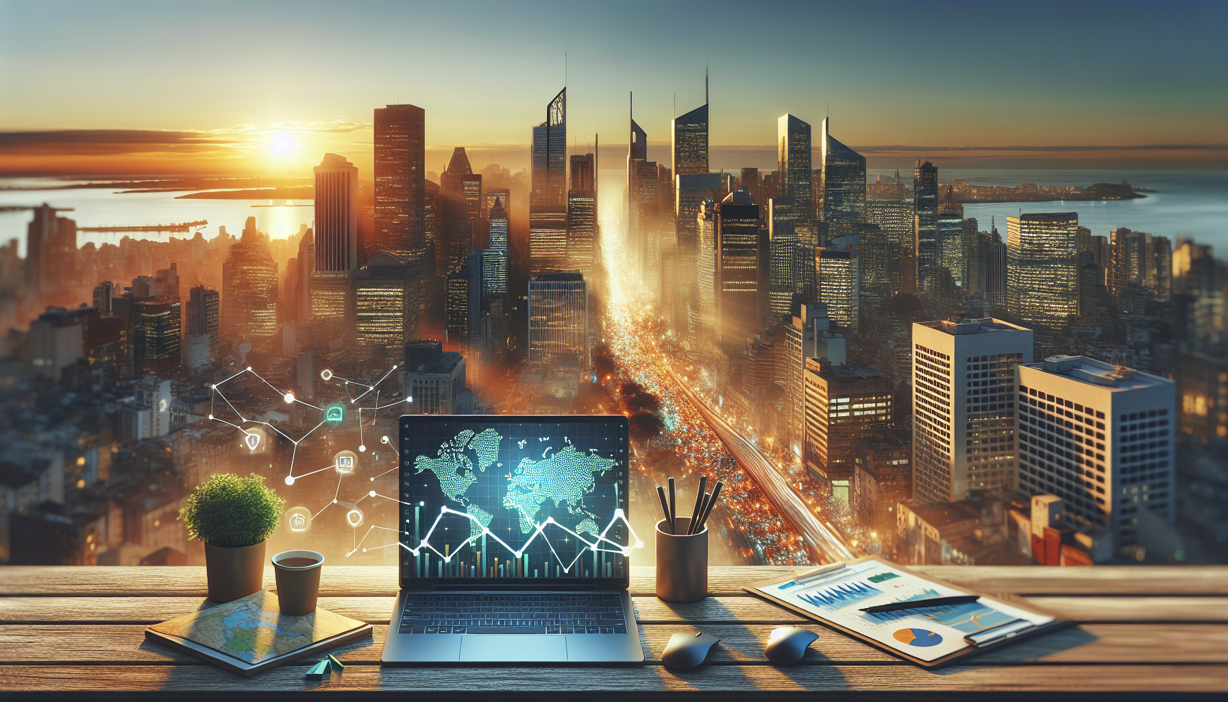 Paisagem urbana ao entardecer com mapa de startups, laptop e gráficos de crescimento.