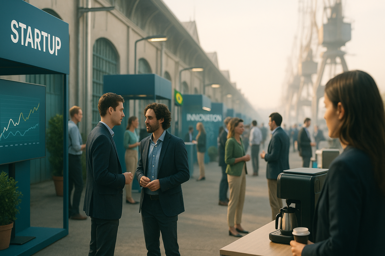 Cais Mauá em Porto Alegre com stands de startups e pessoas conversando em uma manhã suave.