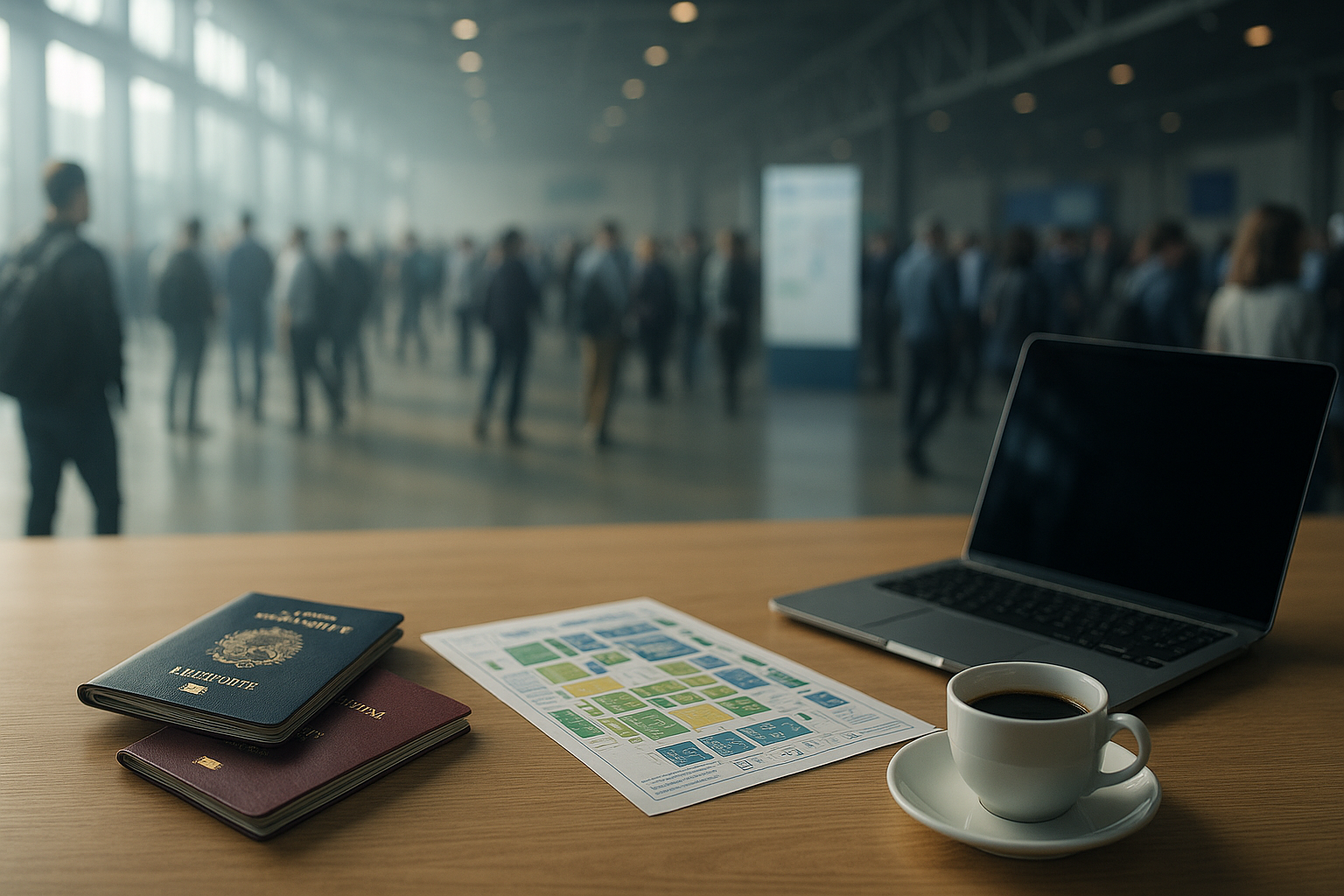 Pavilhão de conferências com passaportes, notebook, mapa e café em uma manhã suave.