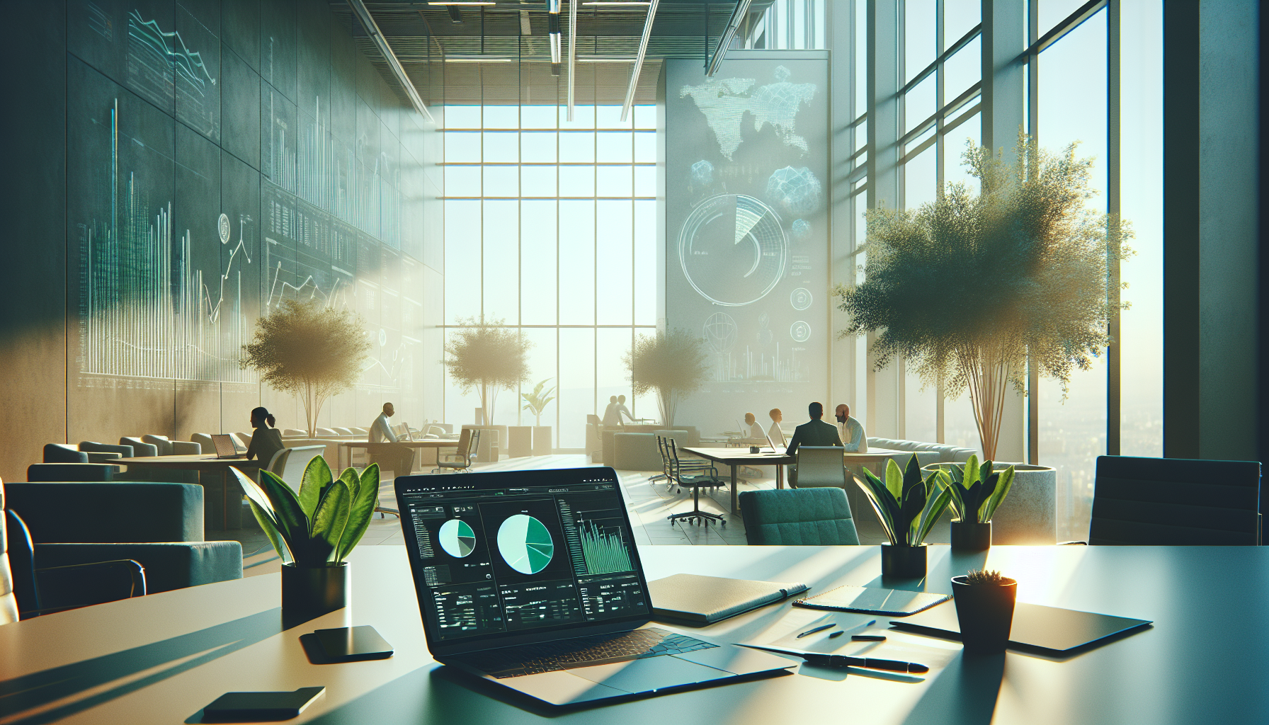 Escritório moderno com laptop, gráficos de crescimento e plantas em vasos em uma manhã suave.
