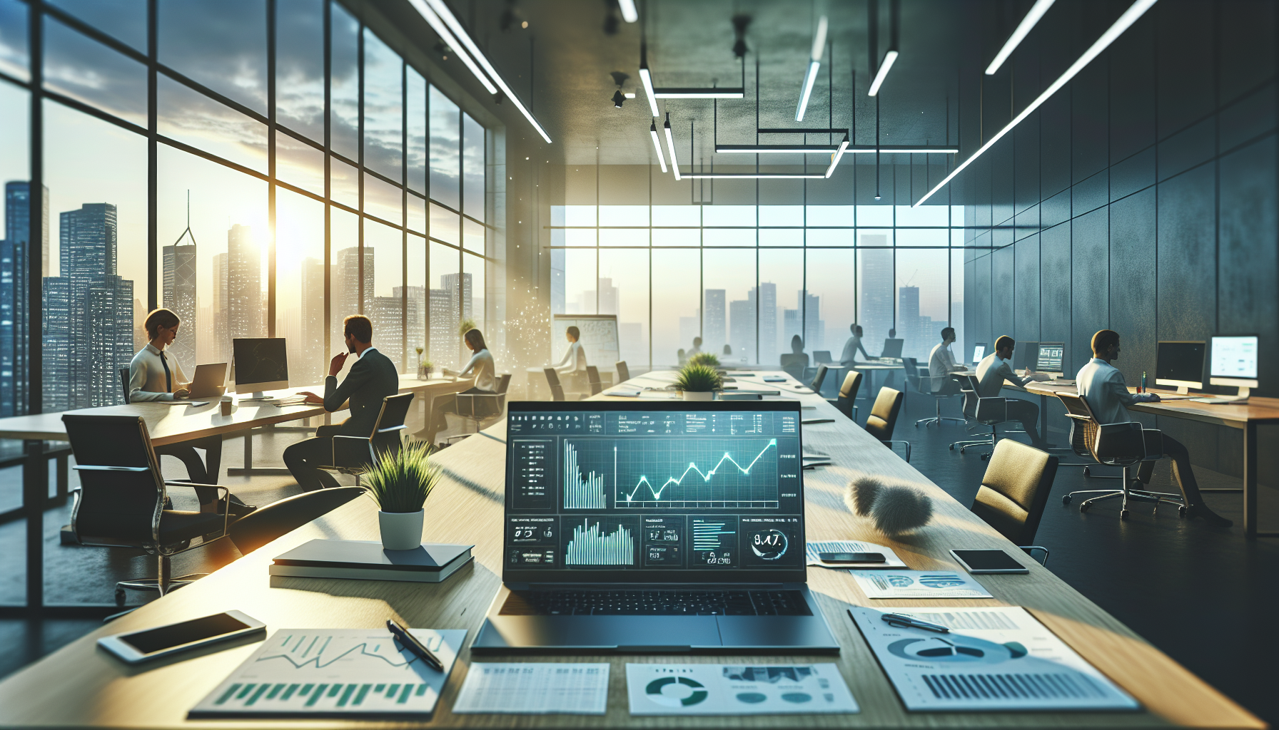 Escritório moderno com laptop, gráficos em tela e documentos financeiros em um ambiente calmo e inovador.