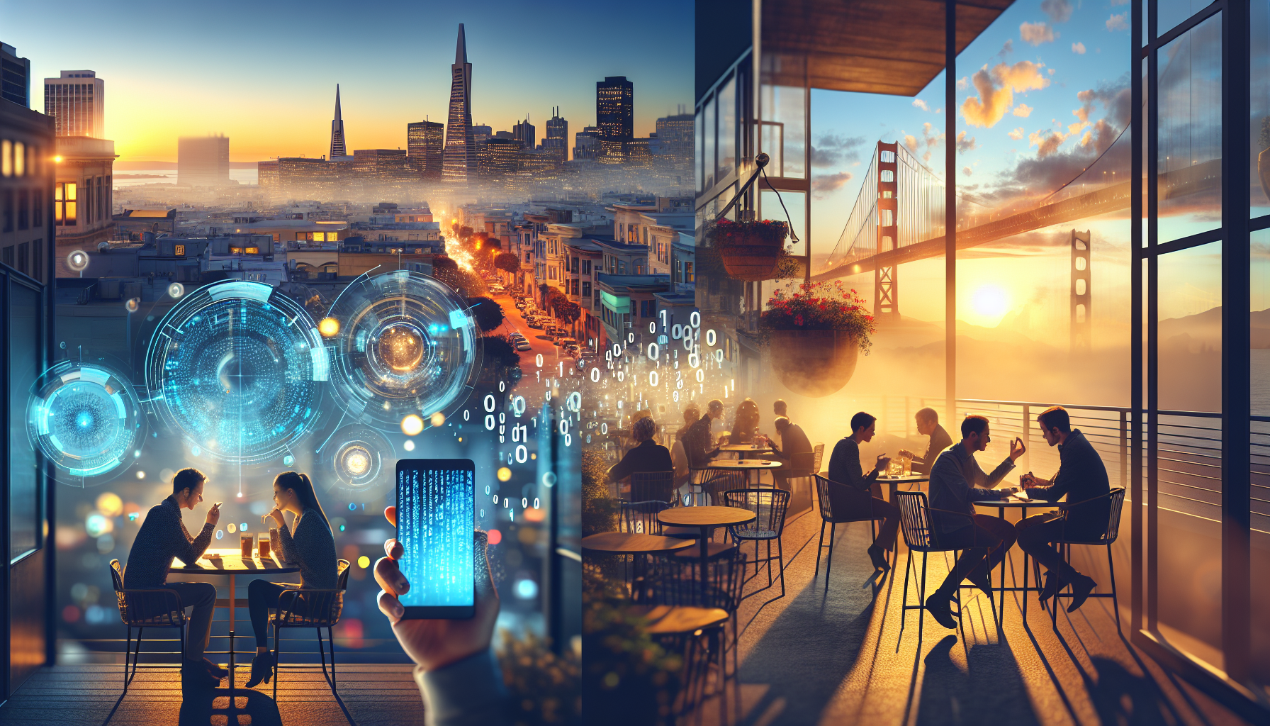 Paisagem urbana de São Francisco ao entardecer com pessoas em um café e smartphone exibindo app.