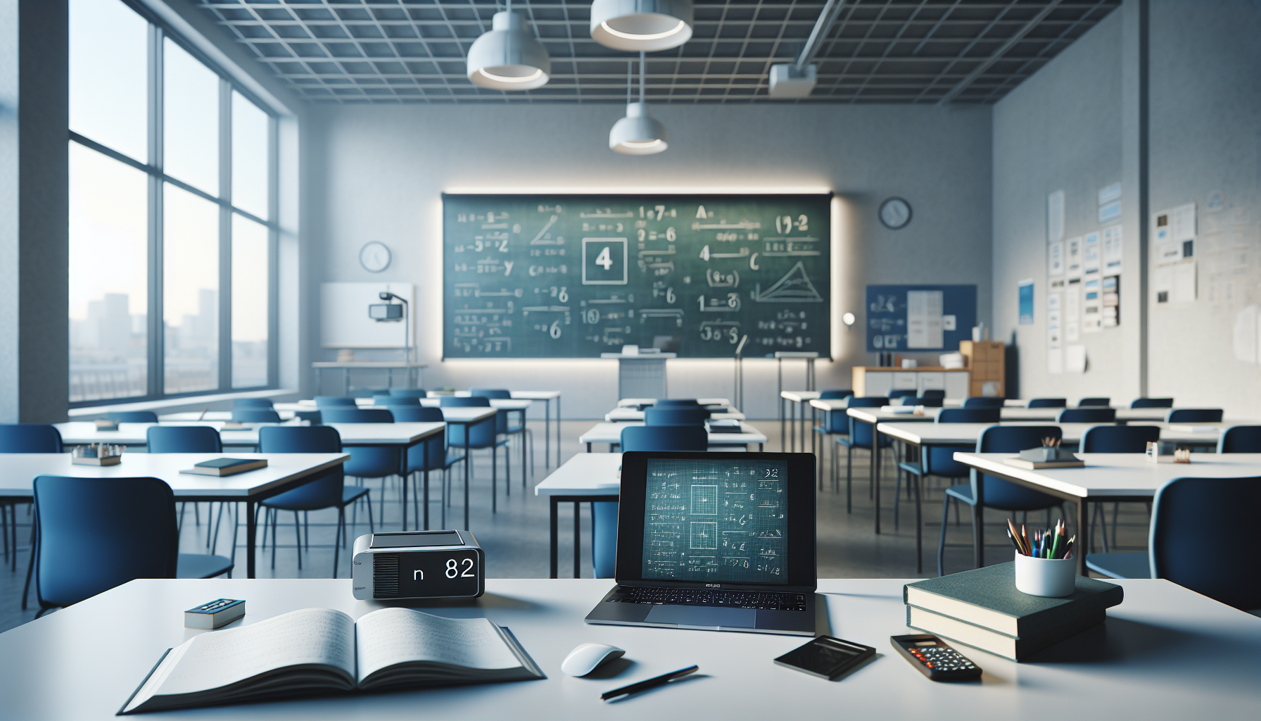 Sala de aula moderna com lousa digital, notebook e livros de matemática em uma manhã suave.