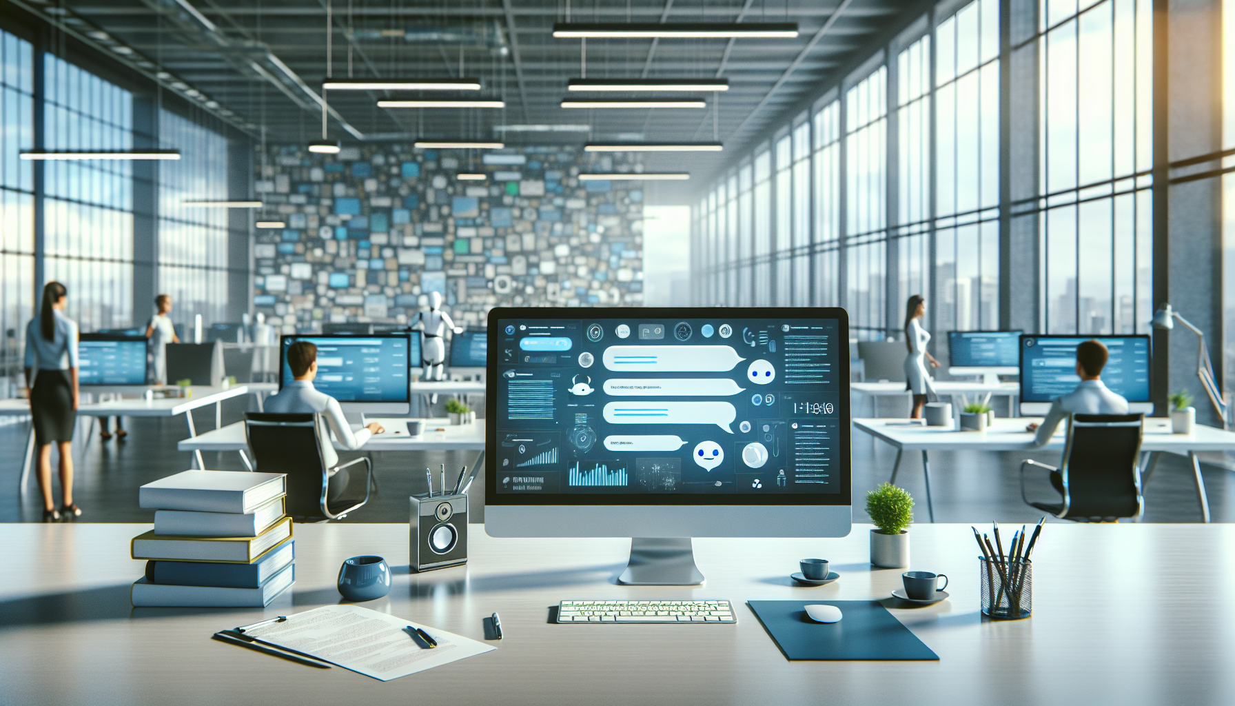 Escritório moderno com computador, chatbot na tela e documentos em um ambiente calmo.