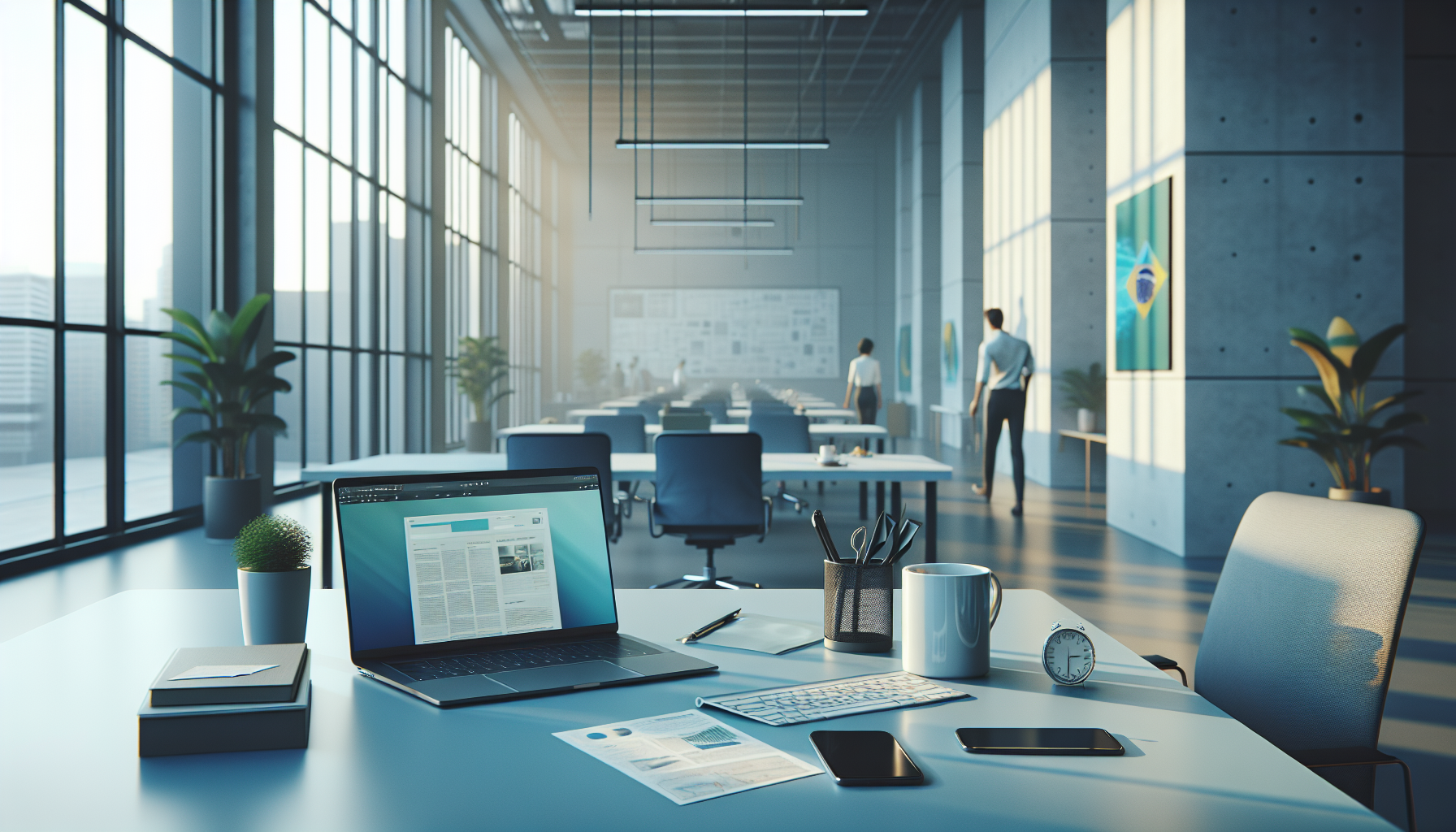 Escritório moderno com computador portátil, smartphone e documento digital em um ambiente calmo.