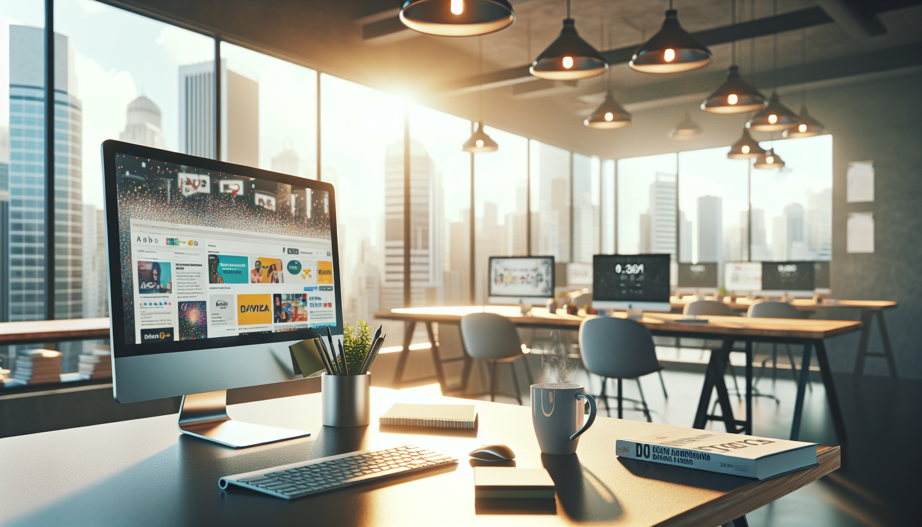 Escritório moderno com computador, anúncios na tela, caneca de café e livro sobre marketing digital.