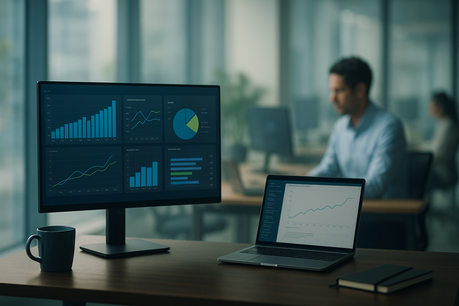 Escritório moderno com computador, gráficos, notebook e caneca de café em uma manhã suave.