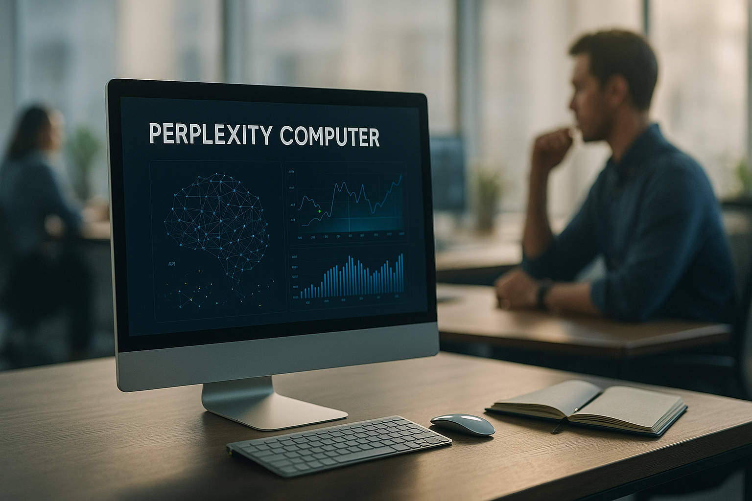 Escritório moderno com computador de última geração e gráficos de IA na tela.