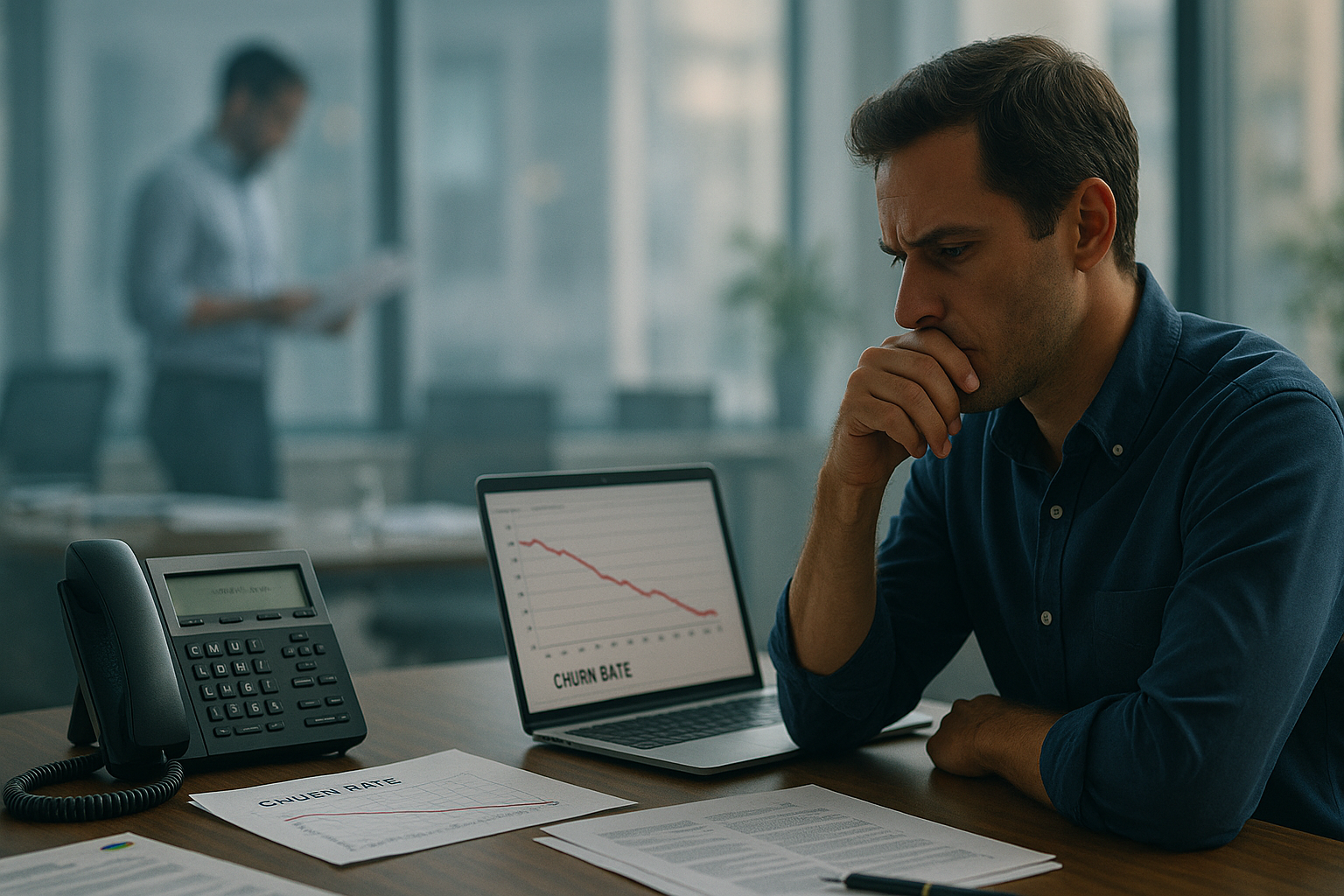 Escritório moderno com telefone, laptop e gráficos de churn em uma manhã suave