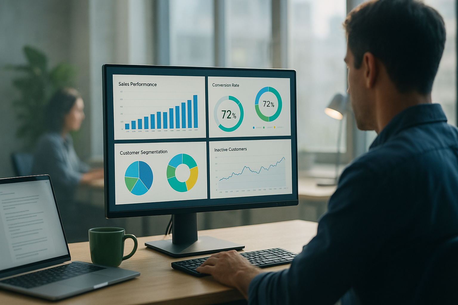 Escritório moderno com computador, gráficos, notebook e caneca de café em uma manhã suave.
